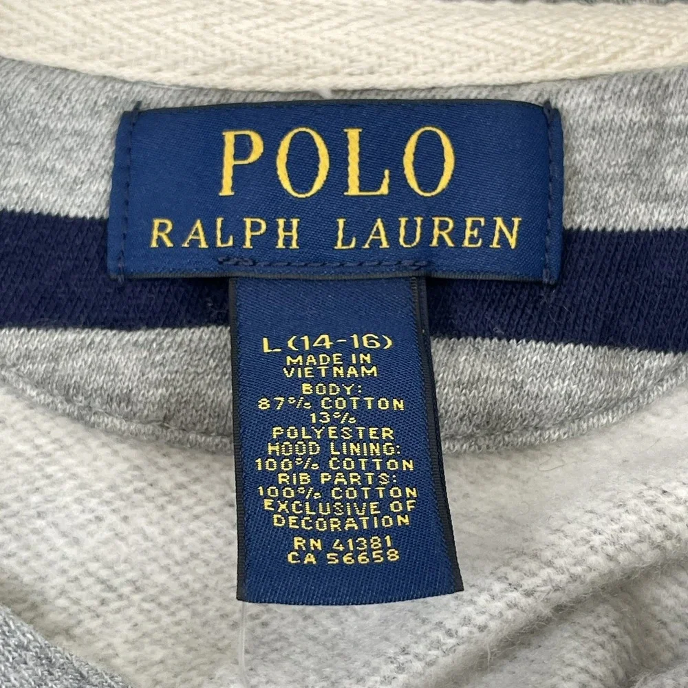 Ralph Lauren Gray Striped Hoodie with Navy Stripes and Red Pony